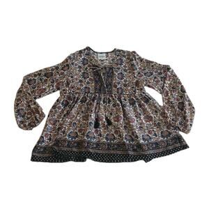 Masala Women's XL Boho Chic Babydoll Blouse Brown Paisley Floral Tassel Tie Top